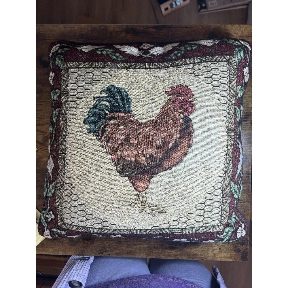 Vintage Rooster Tapestry Pillow 15x15 Farmhouse Chicken Decor Cushion Accent Pad - Picture 10 of 10